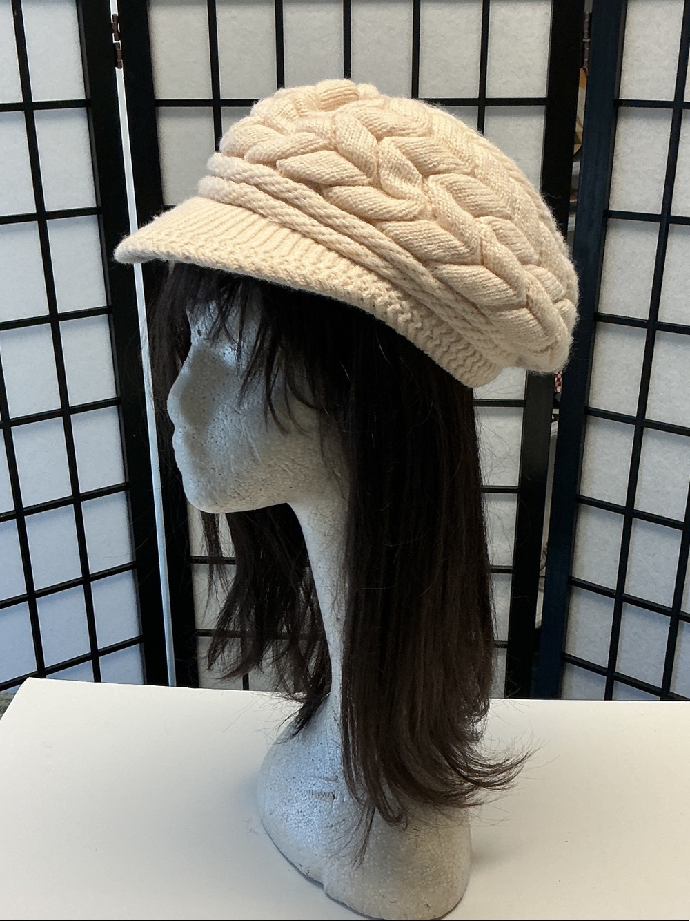 Cream Cable-Knit Visor stretches to 11 wide